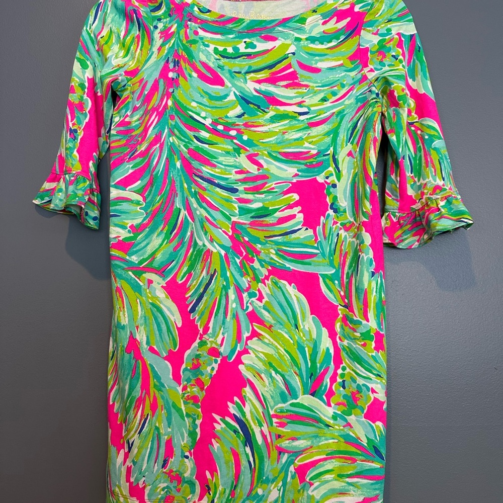 Lilly Pulitzer - Girls 8-10, Vibrant Pink and Green Patterned Dress 3/4 Sleeves